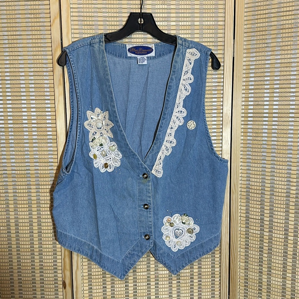 Blue Diamond Vintage 1990s Blue Denim Vest Lace Floral Appliques & Trim Large